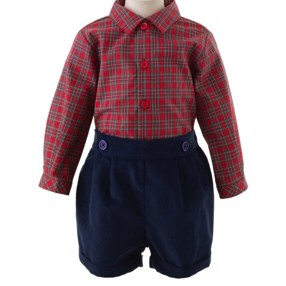 Rachel Riley Red Tartan Plaid Shirt Navy Short Set 6m NWT Christmas Holiday